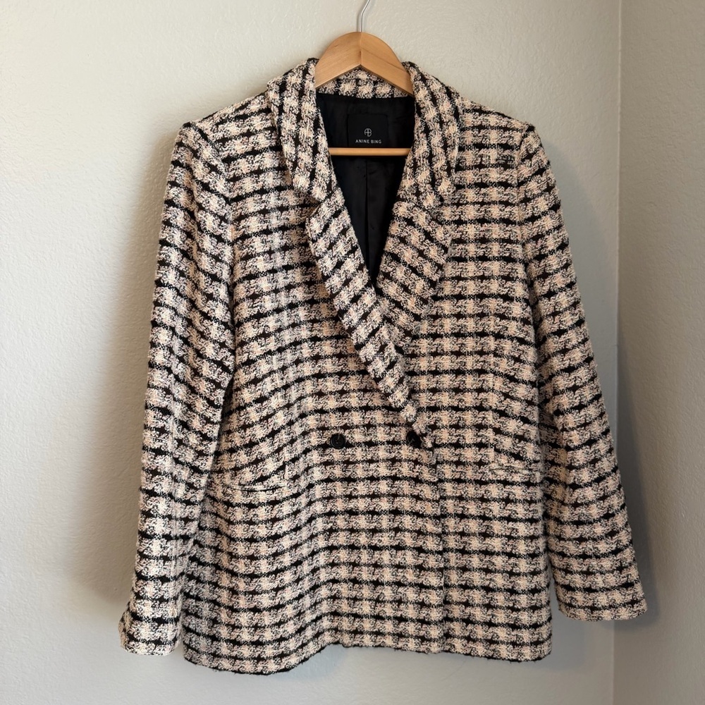 Anine Bing Diana Double Breasted Relaxed Fit Blazer in Apricot Tweed, X-Large - Picture 2 of 16